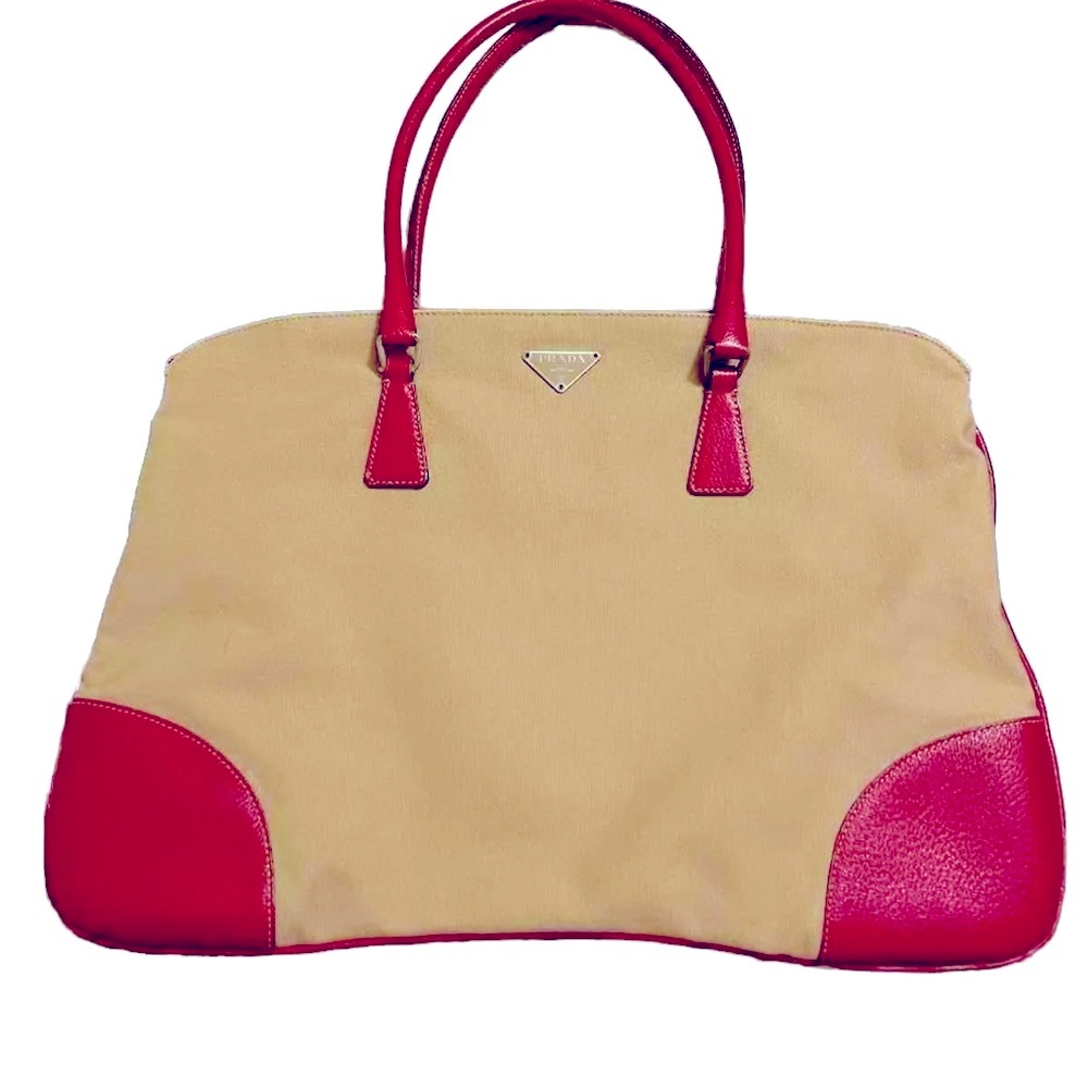 Prada Beige Red Jacquard Canvas Flat Shoulder Bag